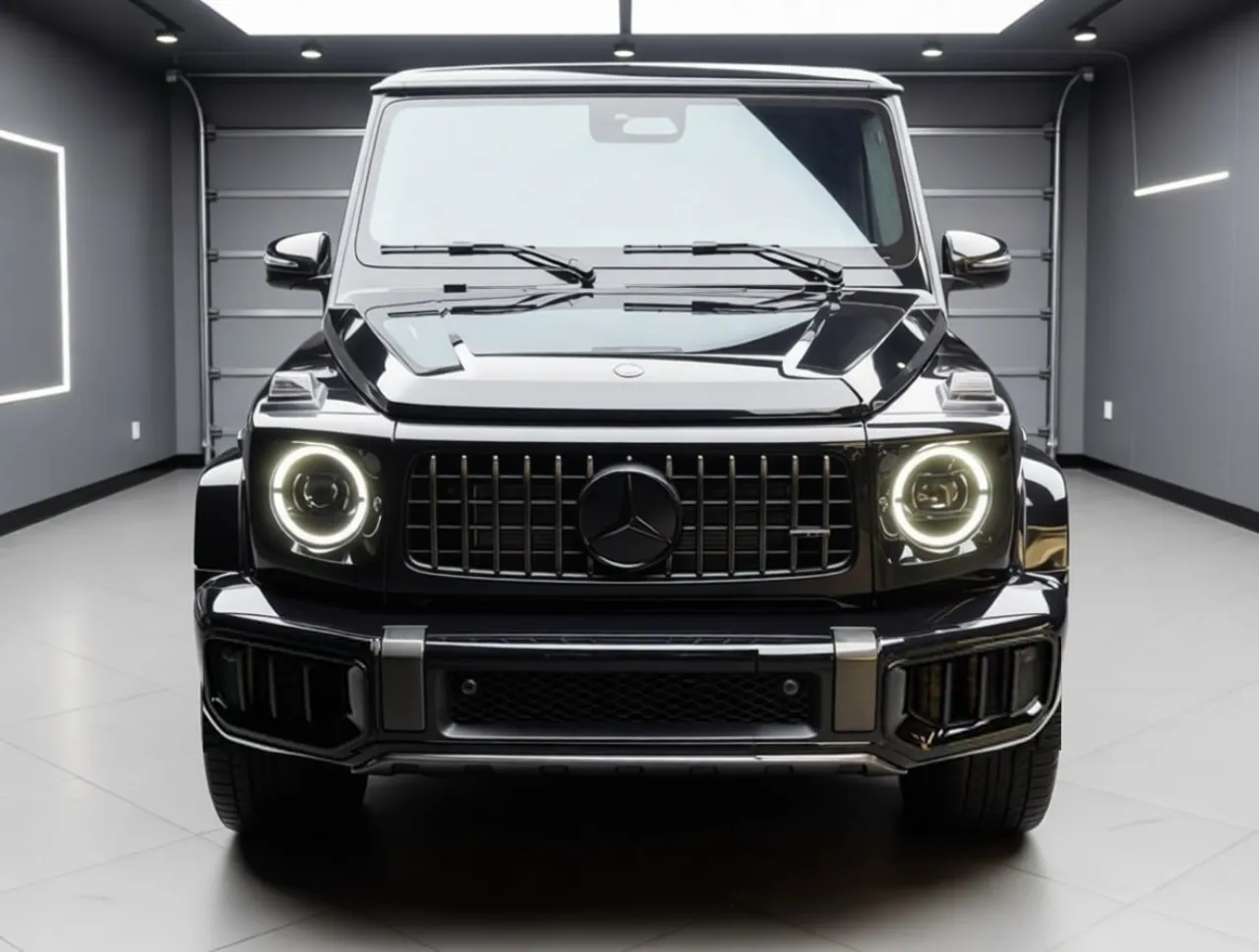 Чёрный Mercedes-Benz G 63 AMG в наличии, вид спереди, фары горят