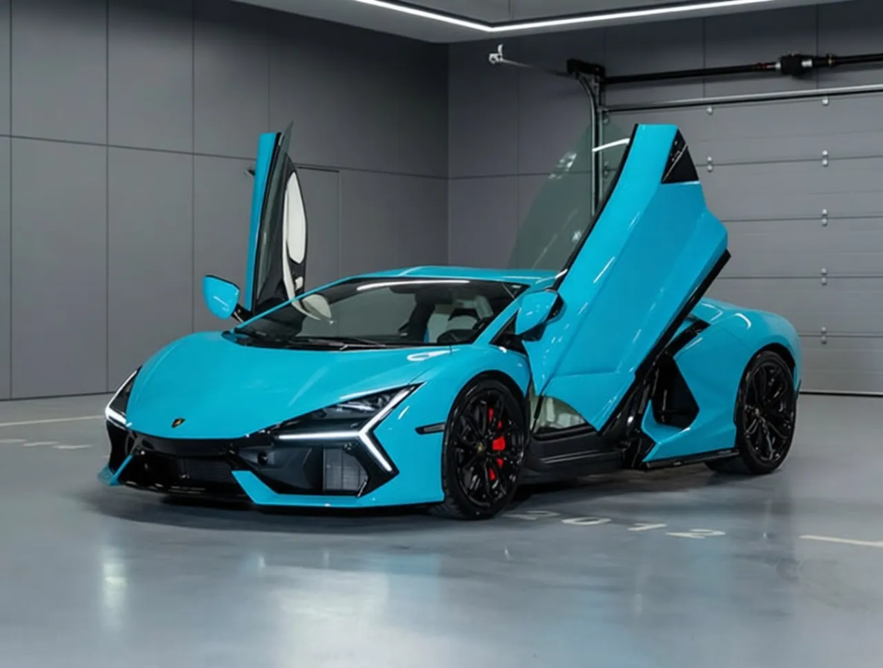 Голубой Lamborghini Revuelto с поднятыми дверями